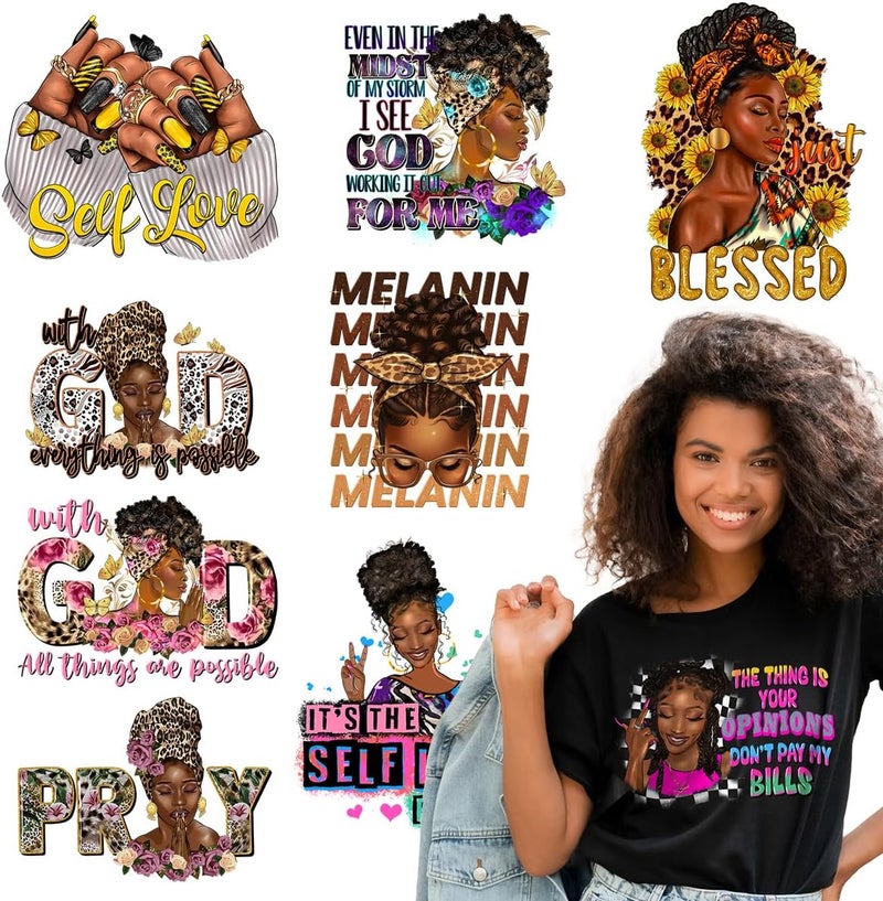Kaciola Black Girl DTF Transfers Ready to Press, 9 Sheets Black Women Iron on Transfers Washable Stickers Iron on Decals for T Shirts Hoodie DIY Crafts - Image 1